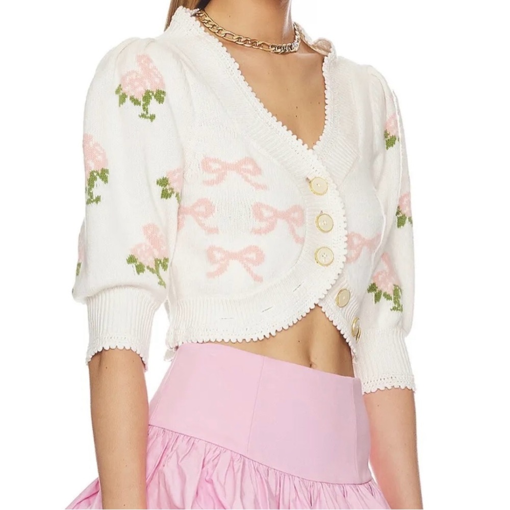 LoveShackFancy Malibu Crop Cardigan in Strawberry Shortcake  MSRP $325  Size L